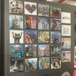 Custom photo magnets on a stainless steel refrigerator.